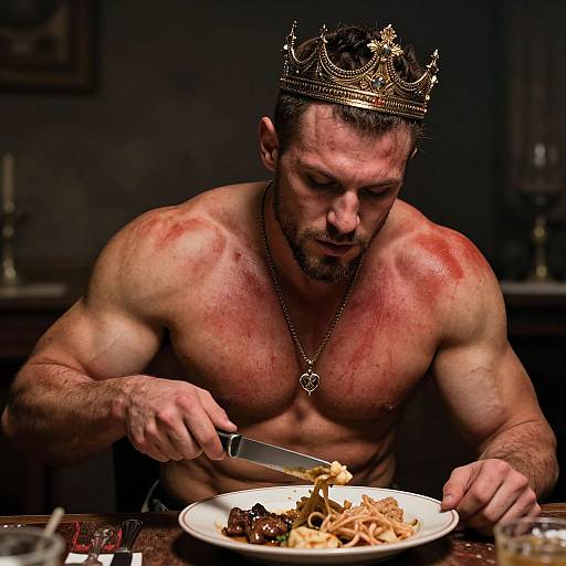 Muscular Man in Crown with Knife