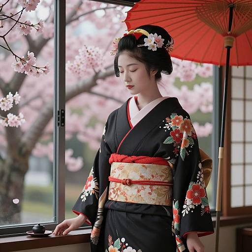 Serene Geisha Amid Cherry Blossoms