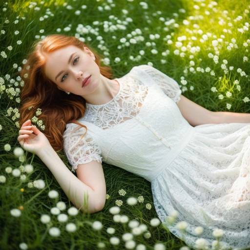 Red-haired Woman in White Dress Lying in Flower Field