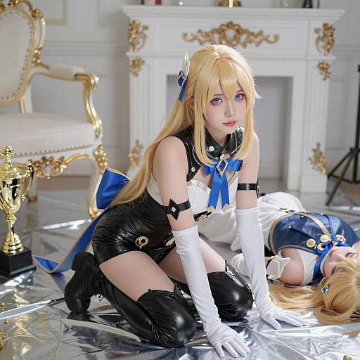 Blonde Cosplayer with Trophy and Ribbon