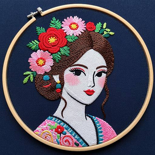Intricate Floral Embroidered Woman Portrait