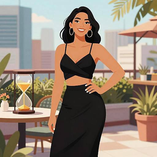Stylish Woman in Black Crop Top and Maxi Skirt on Rooftop