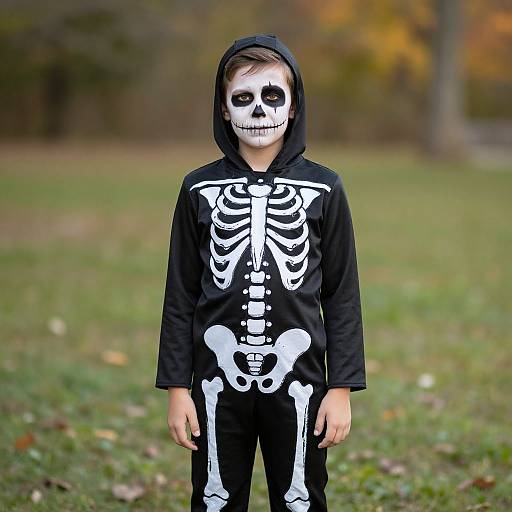 Photograph of a young boy in a black skeleton onesie and hood, with white face paint, standing on a grassy field.