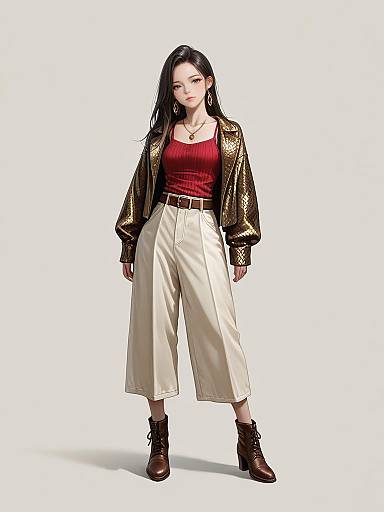 Digital illustration of a confident woman with long black hair, wearing a red tank top, gold jacket, white high-waisted pants, and black boots