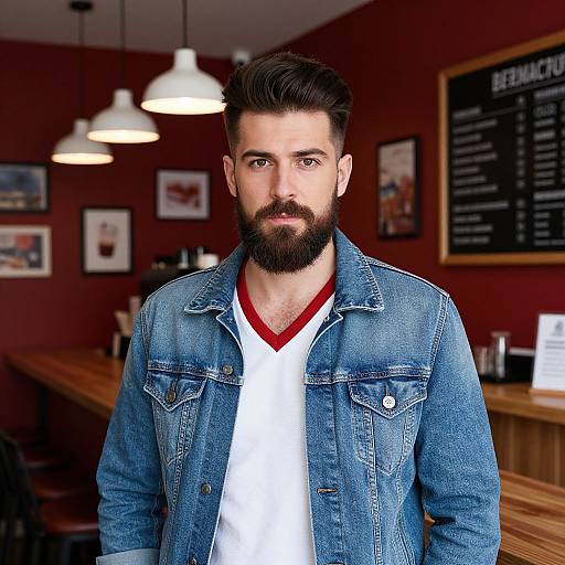 Photograph of a handsome bearded man with dark hair, wearing a denim jacket over a red V-neck shirt, standing in a cozy, red-w