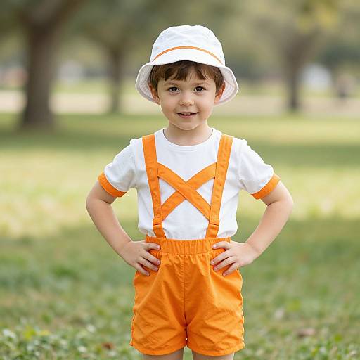 Photograph of a smiling young boy with brown hair, wearing a white bucket hat, white shirt, orange suspenders, and orange shorts, standing in