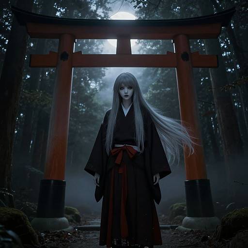 Digital art: Mysterious Japanese girl with long silver hair, wearing a black kimono and red obi, stands before a glowing red torii gate