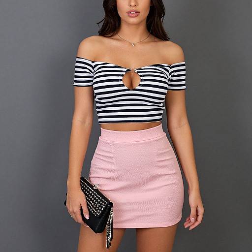 Photograph of a woman with long dark hair, wearing a black and white striped off-shoulder top, pink textured mini skirt, black studded