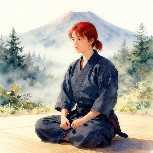 Digital painting of a red-haired woman in a black karate gi, seated cross-legged in a misty forest clearing, looking forward.