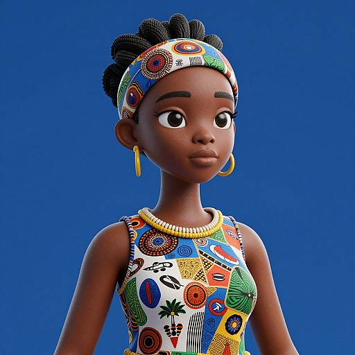 Digital 3D portrait of a dark-skinned African girl with braided hair, colorful patterned dress, headband, yellow earrings, and blue