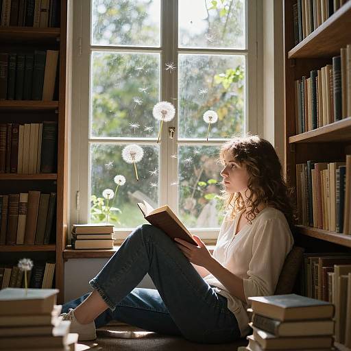Photograph: Curly-haired woman in white blouse and blue jeans reading by sunlit window, surrounded by books, dandelions in background.