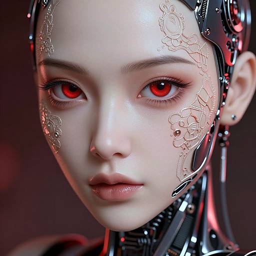 Digital portrait of a pale-skinned, cybernetic woman with red eyes, intricate lace-like patterns on her forehead, and black mechanical hair. Red