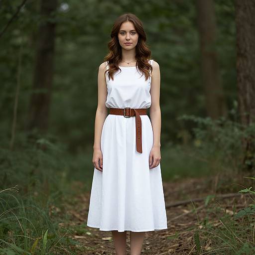 Photograph of a young woman with long brown hair, wearing a white sleeveless dress with a brown belt, standing on a forest path. Green forest