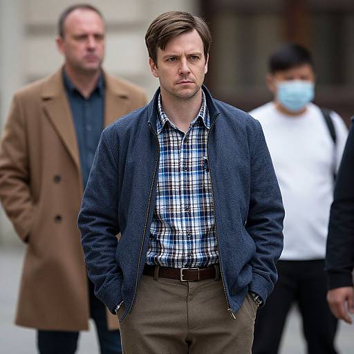 Serious Man in Plaid Shirt and Blue Jacket