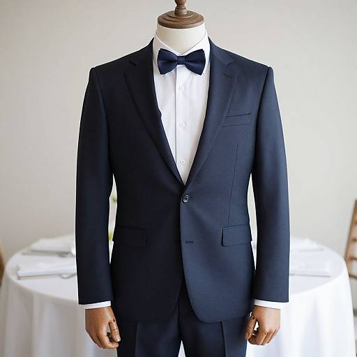 Photograph of a black tuxedo with white shirt and navy bow tie, displayed on a wooden mannequin, against a bright white background.