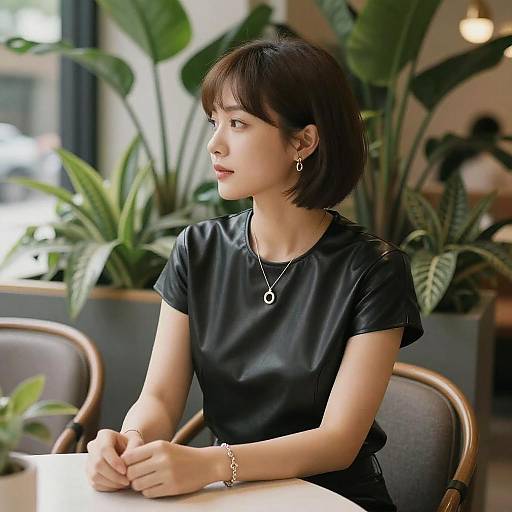 Stylish Woman in Black Leather Top at Café