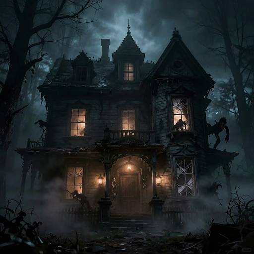 Mysterious, gothic-style, haunted house in dark, misty forest at night. Warm orange lights glow from windows, contrasting eerie blue shadows.