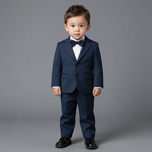 Photograph of a young Asian boy in a navy blue suit, white dress shirt, black bow tie, and black dress shoes, standing against a plain
