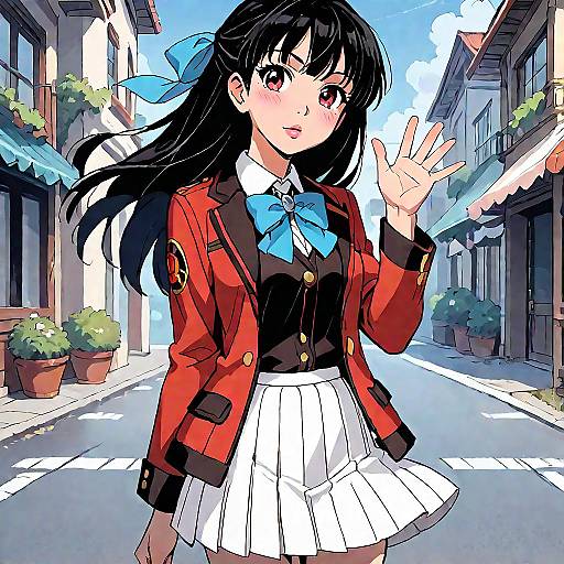 Anime Girl Waving Outdoors Vivid