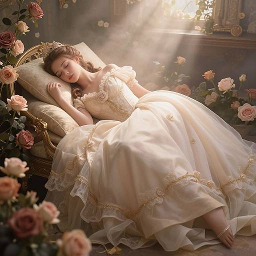 Photograph of a sleeping woman in a white, lace-trimmed wedding dress, surrounded by pink roses, bathed in soft sunlight.