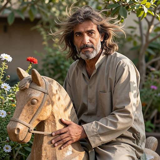 Photograph of an older man with long, windblown hair and a beard, wearing a beige shirt, sitting beside a carved wooden horse in a