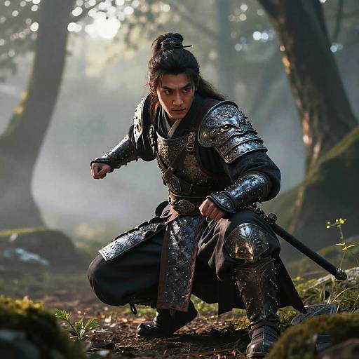 Photorealistic CGI of a fierce, dark-haired woman in silver armor, crouching in a misty forest, gripping a sword, ready to