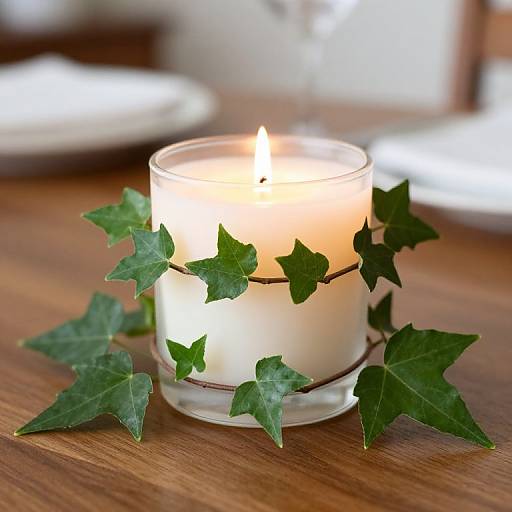 Photograph of a lit, clear candle in a glass holder adorned with green ivy leaves on a wooden table.