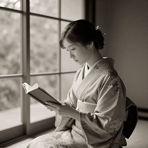 Vintage Japanese Woman Reading Kimono