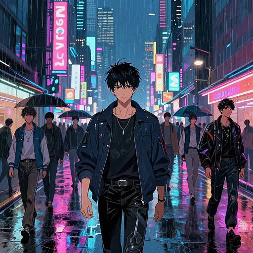 Anime-style digital art: Rainy neon-lit city street at night, young man with black hair, black jacket, black shirt, walking center,