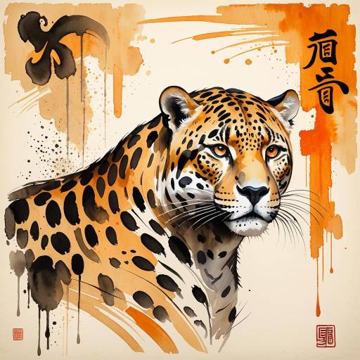 Majestic Jaguar in Ink Wash Art