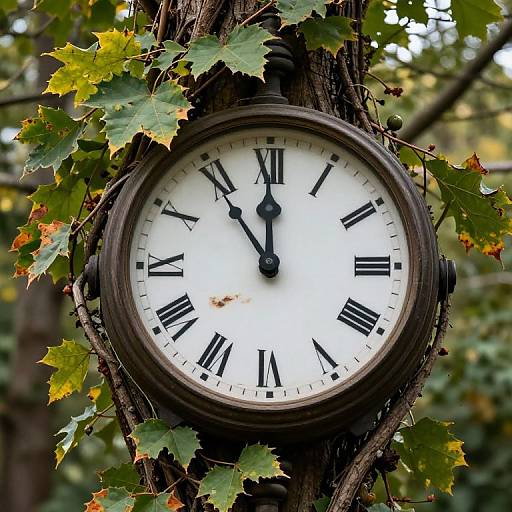 Photograph of a vintage, round clock with black Roman numerals and hands, nestled among autumn leaves on a tree trunk.