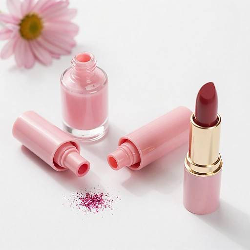 Pink Nail Polish and Red Lipstick with Glitter