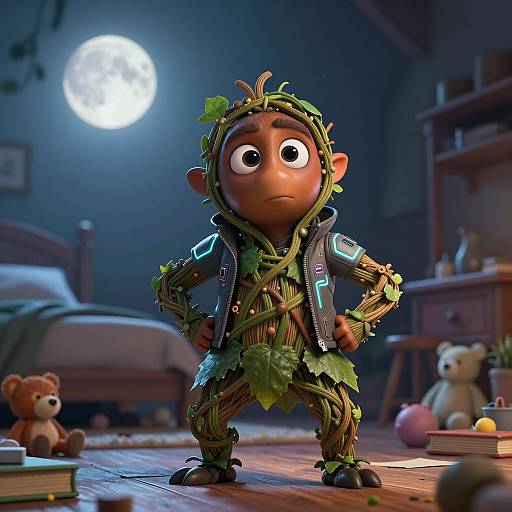 Cyberpunk Acorn Guardian in Cozy Bedroom