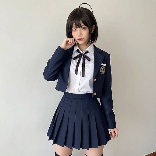 Photograph of an Asian woman with short black hair in a black school blazer, white shirt, black ribbon, and pleated skirt, standing against