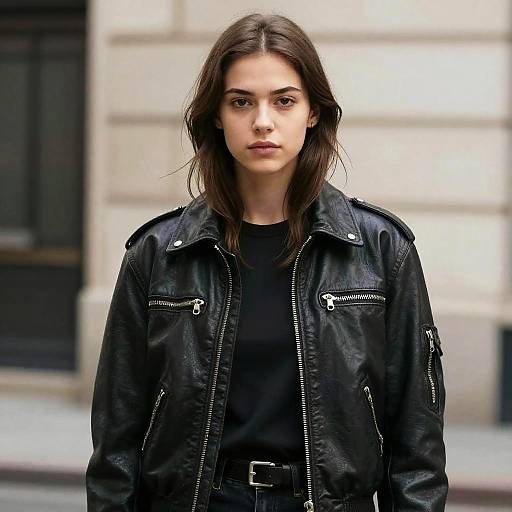 Young Woman in Black Leather Jacket