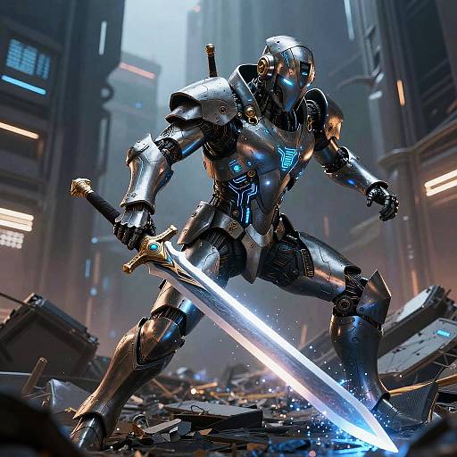 CGI image of a futuristic, armored warrior wielding a glowing blue sword, standing in a dark, ruined cityscape with neon lights. The warrior's