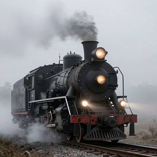 Photograph of a vintage black steam locomotive with glowing headlights and billowing steam, traveling on a misty, overcast railroad track.
