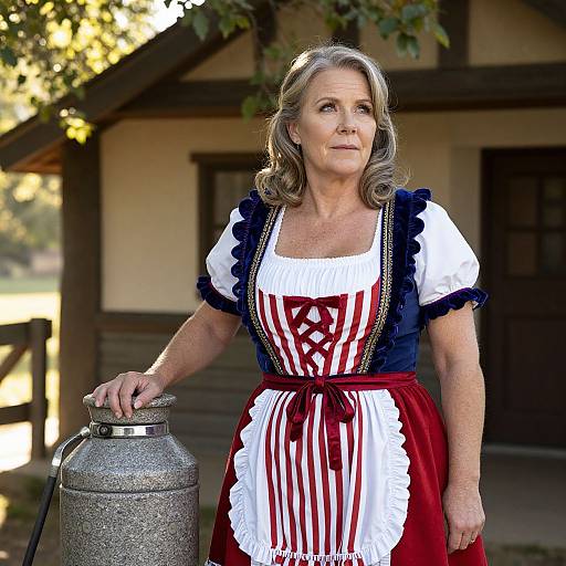 Middle-aged woman with wavy blonde hair wearing a traditional Bavarian dirndl, red and white striped, stands beside a metal milk can. Sunlit