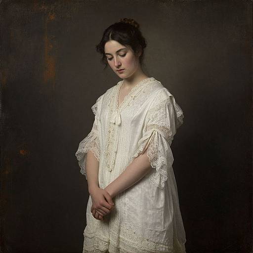 Photograph of a pale-skinned woman with dark hair in an updo, wearing a white, lace-trimmed, loose-fitting dress,