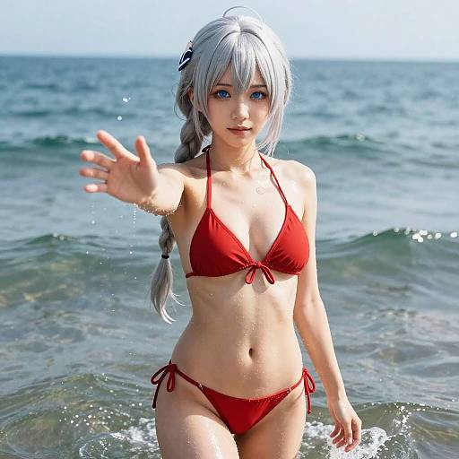 Silver Haired Anime Girl in Red Bikini at Ocean