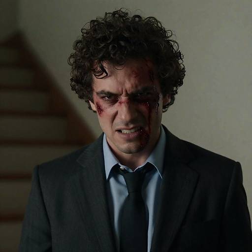 Intense Man in Dark Suit with Blood