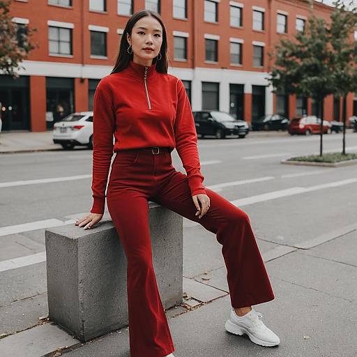 Woman in Crimson Athleisure Outfit Sitting Outdoors