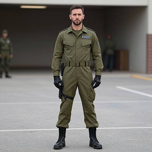 Photograph of a muscular, bearded male soldier in olive green uniform, black gloves, and boots, standing confidently in a garage, with blurred background