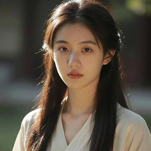 Photograph of an Asian woman with long, dark brown hair, fair skin, and soft brown eyes, wearing a light cream blouse, illuminated by sunlight