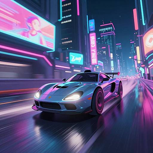 Neon-lit, futuristic city night scene with a sleek, silver sports convertible speeding down a brightly illuminated street, surrounded by glowing billboards and vibrant