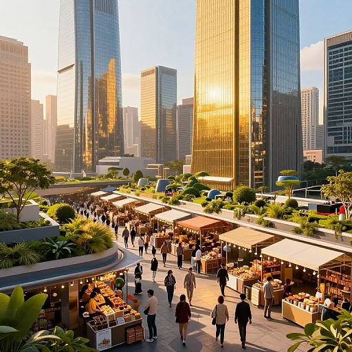 Photograph of a bustling urban market at sunset, featuring people shopping under colorful canopies surrounded by tall, reflective skyscrapers.