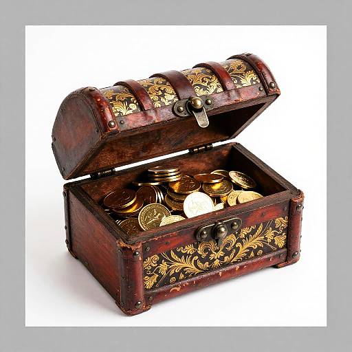 Antique Wooden Treasure Chest with Coins