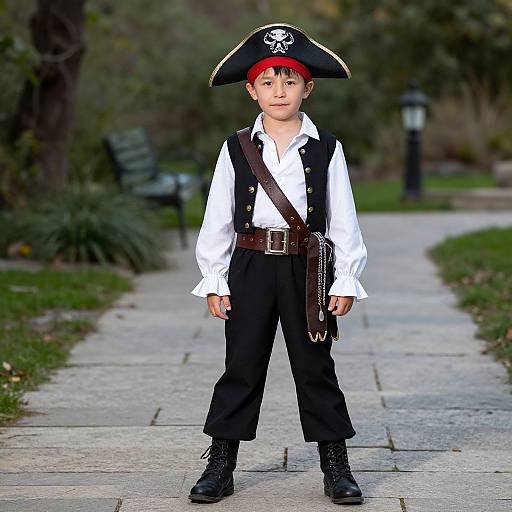 Photograph of a young boy dressed as a pirate: white shirt, black pants, brown vest, red bandana, tricorn hat, standing on