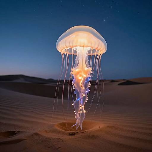 Photograph of a glowing jellyfish with translucent dome and trailing tentacles, floating in a dark desert night sky, illuminated from within.