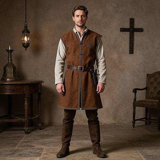 Photograph of a muscular, dark-haired man in medieval brown vest, white shirt, black pants, and boots, standing in a dimly lit,